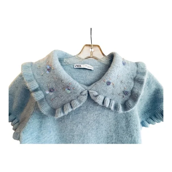 ZARA Peter Pan Beaded Collar Blue Cropped Knit Sweater Ruffle Trim Women’s Large - Picture 6 of 14